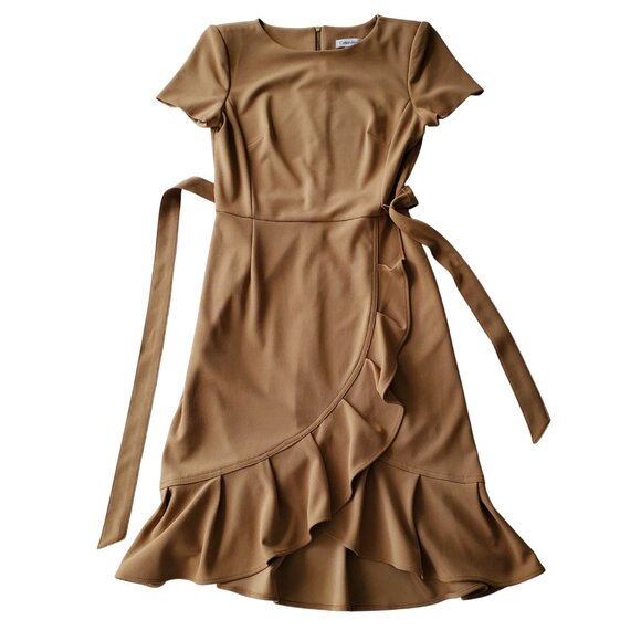 Calvin Klein NWT Career Dress Tulip Hem Tie Front Short Sleeve Deep Tan Size 4 - Picture 6 of 16